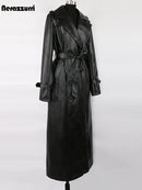 Extra Long Waterproof Black Leather Coat