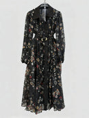 Printed Sheer Spliced Belt  Dresses