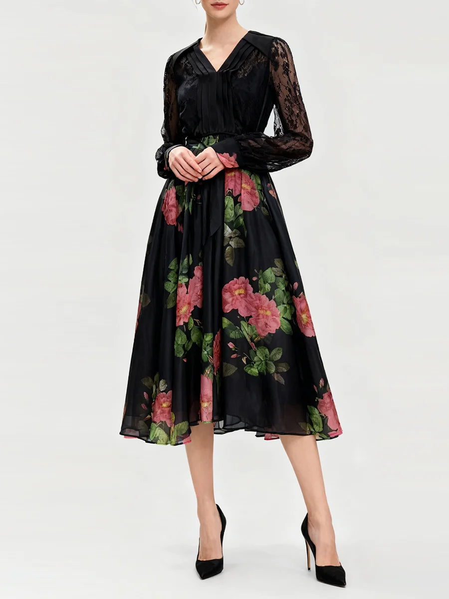 Printing Sheer Spliced Lace Up Dresses