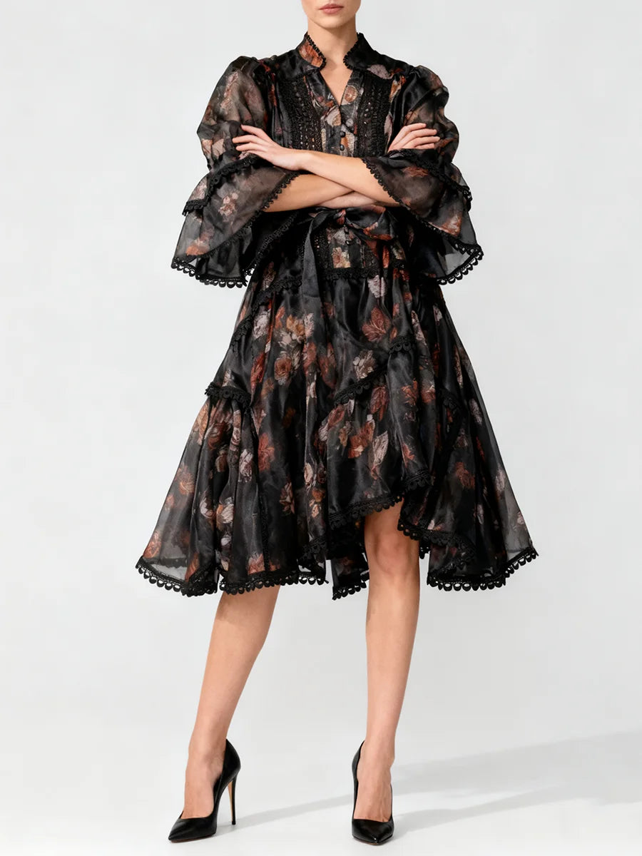 Printing Spliced Ruffles Dresses