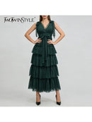 Spliced Ruffles Folds Long Dresses