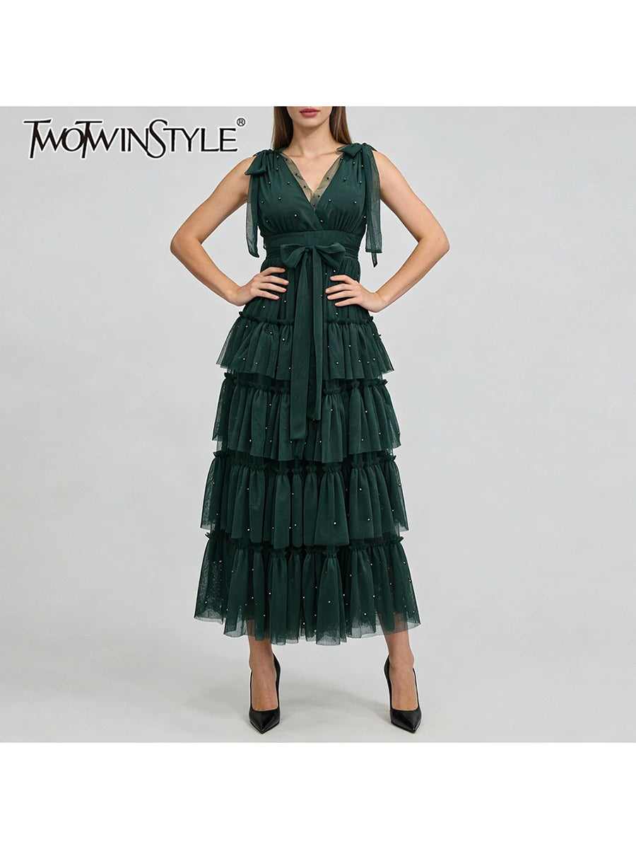 Spliced Ruffles Folds Long Dresses