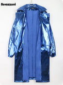 Long Blue Shiny Trench Coat