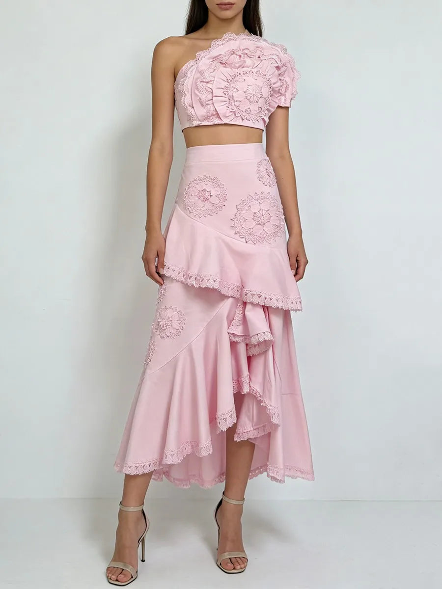 Embroidery Two Piece Ruffles Skirt Sets