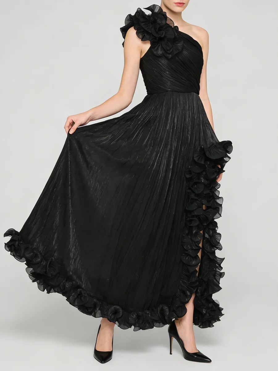 Black Spliced Fungus Folds Irregular Long Dress