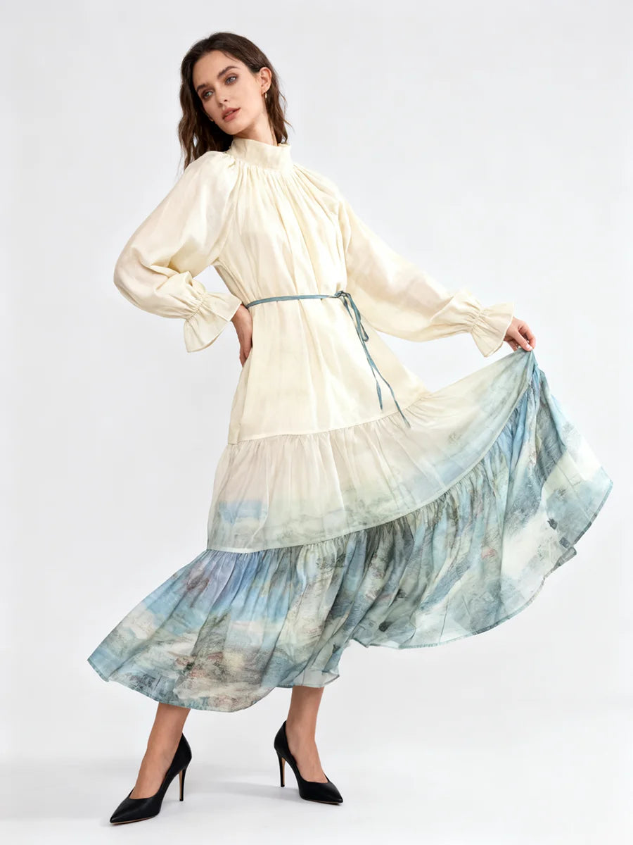 Gradient Loose Spliced Lace Up Dresses