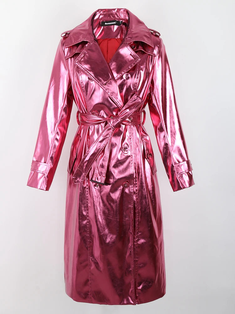 Shiny Reflective Patent Leather Trench Coat