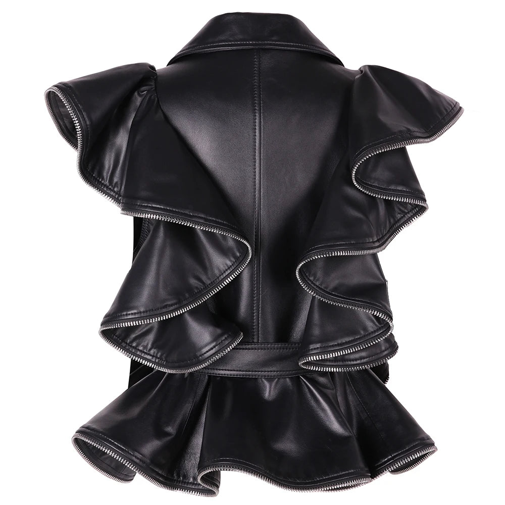 Ruffles Pleated Black Leather Vest