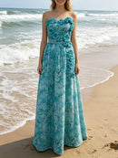 Blue Loose Spliced Flowers Dresses