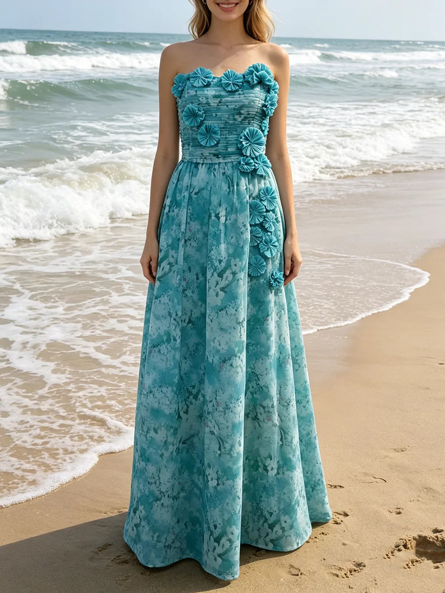 Blue Loose Spliced Flowers Dresses