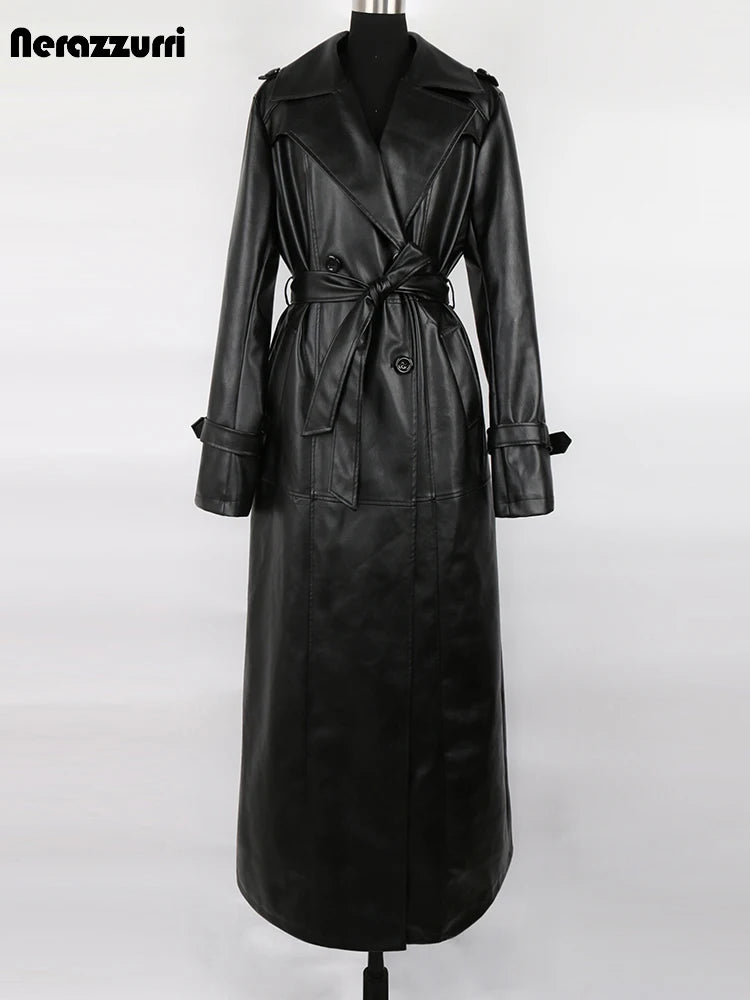 Extra Long Waterproof Black Leather Coat