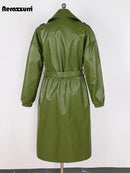 Long Green Hard Leather Trench Coat