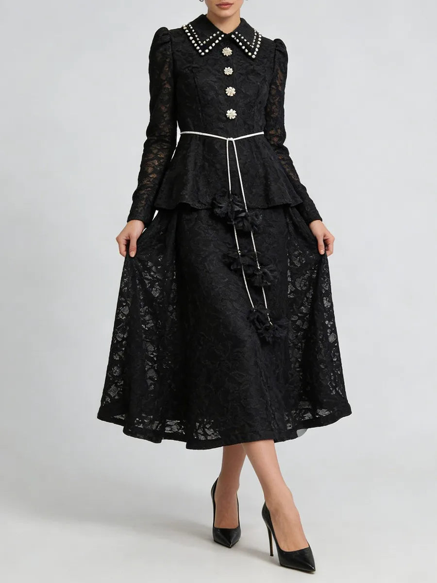 Black Printing Spliced Lace Two Piece Sets