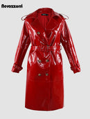 Shiny Red Patent Leather Trench Coat