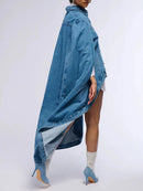 Denim Lapel Batwing Sleeve Coat