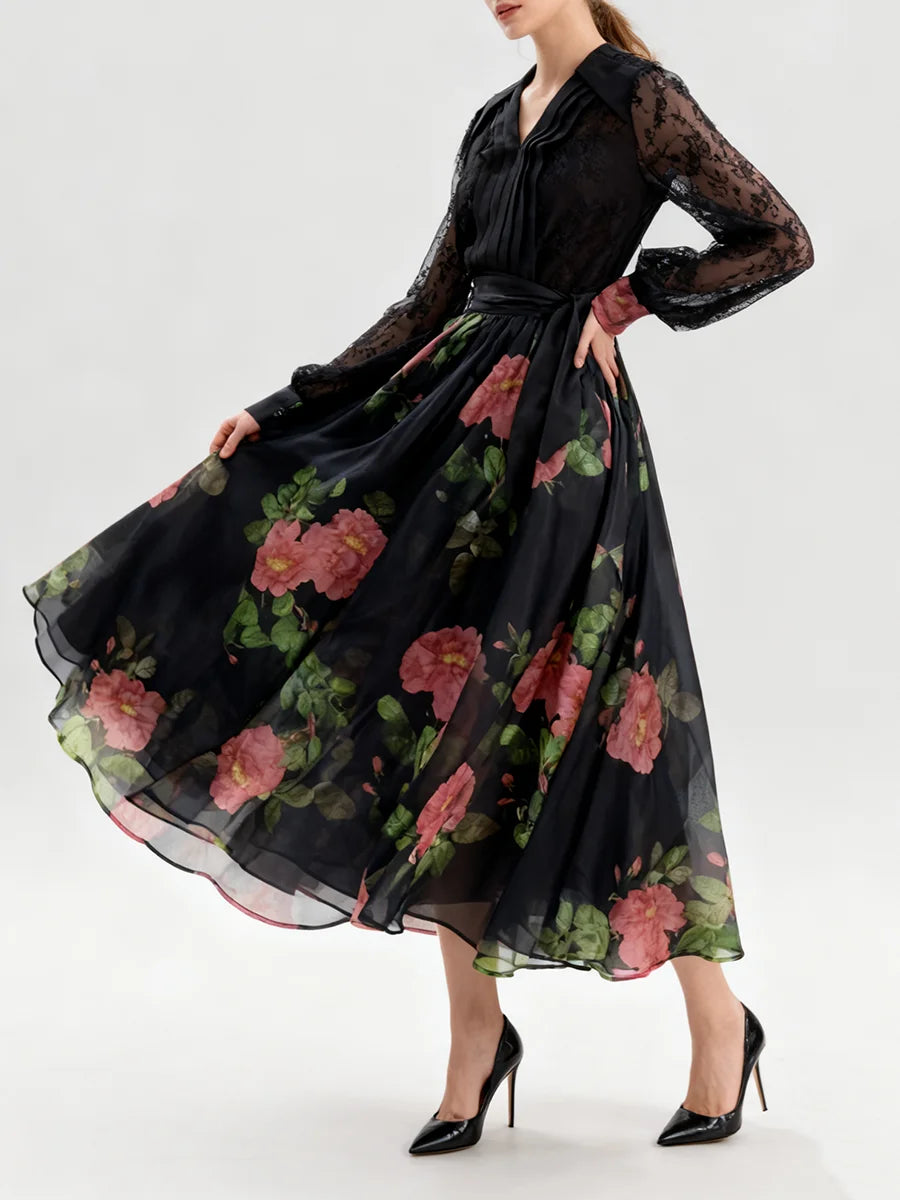 Printing Sheer Spliced Lace Up Dresses