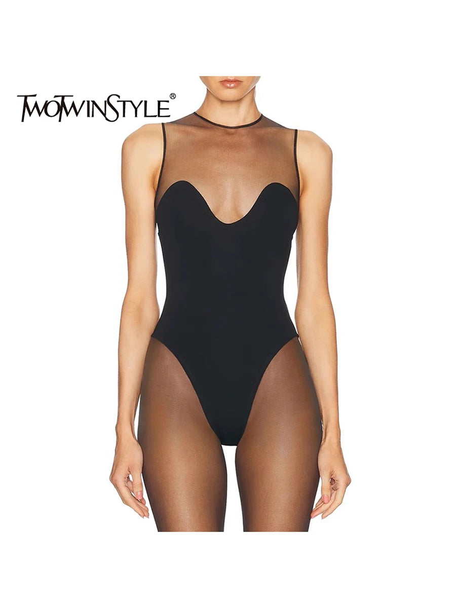 Solid Spliced Mesh Slimming Jumpsuit