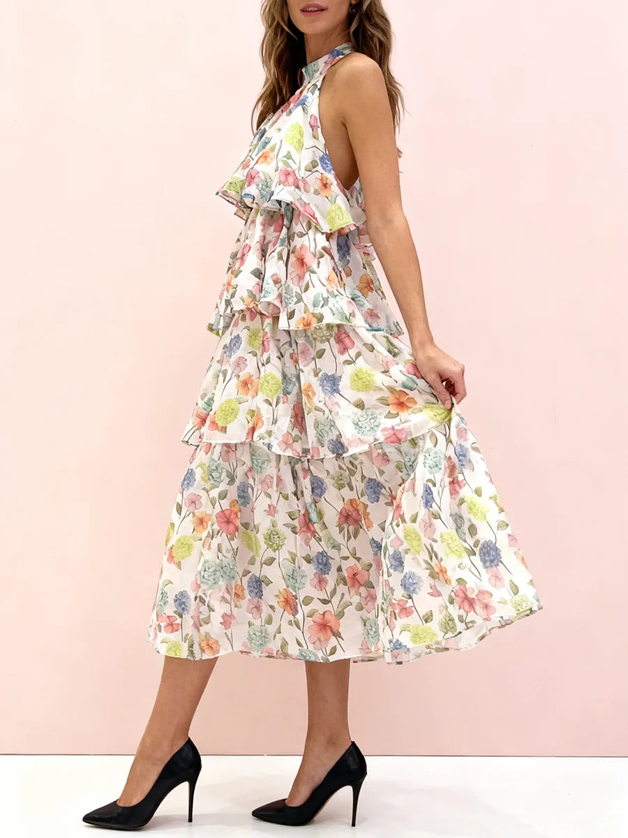 Printed Loose Spliced Ruffles Dresses