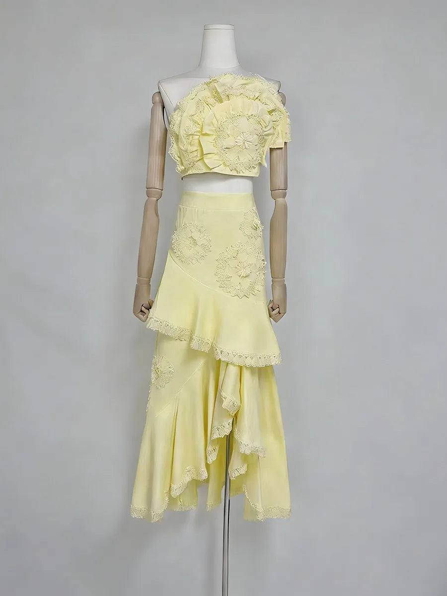 Embroidery Two Piece Ruffles Skirt Sets