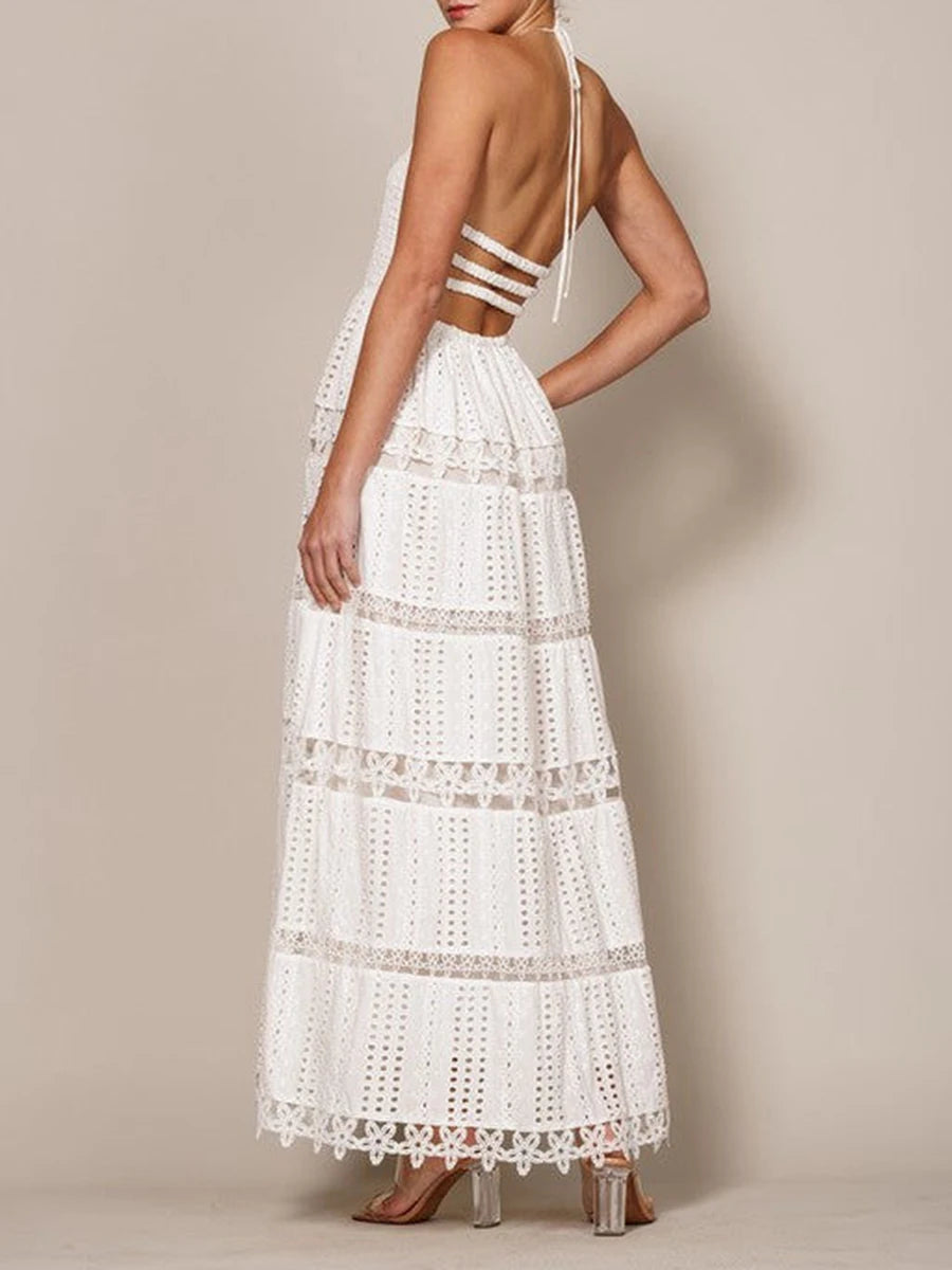 Hollow Out Spliced Embroidery Long Dresses