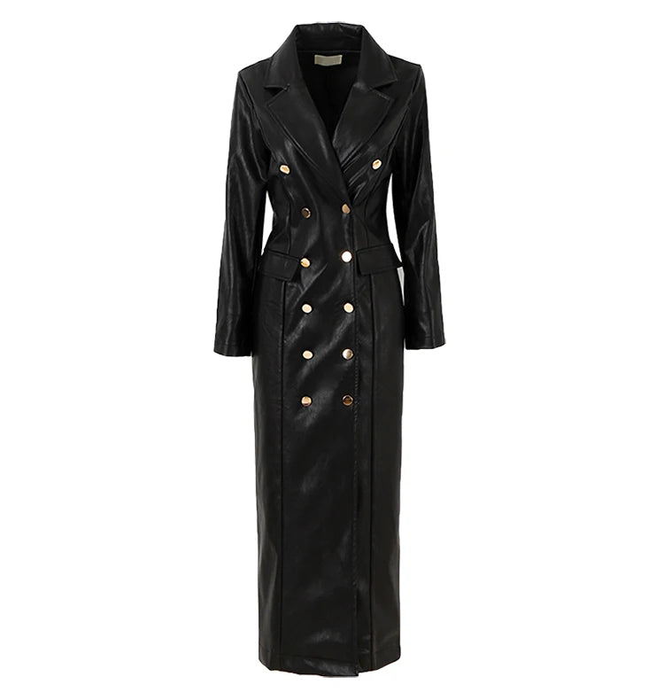 Long Black Leather Trench Coat