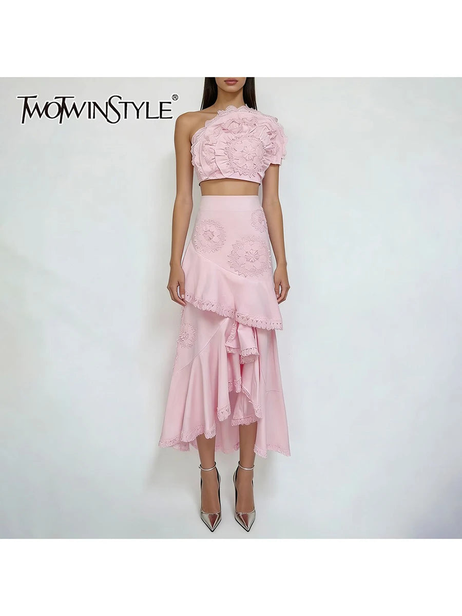 Embroidery Two Piece Ruffles Skirt Sets