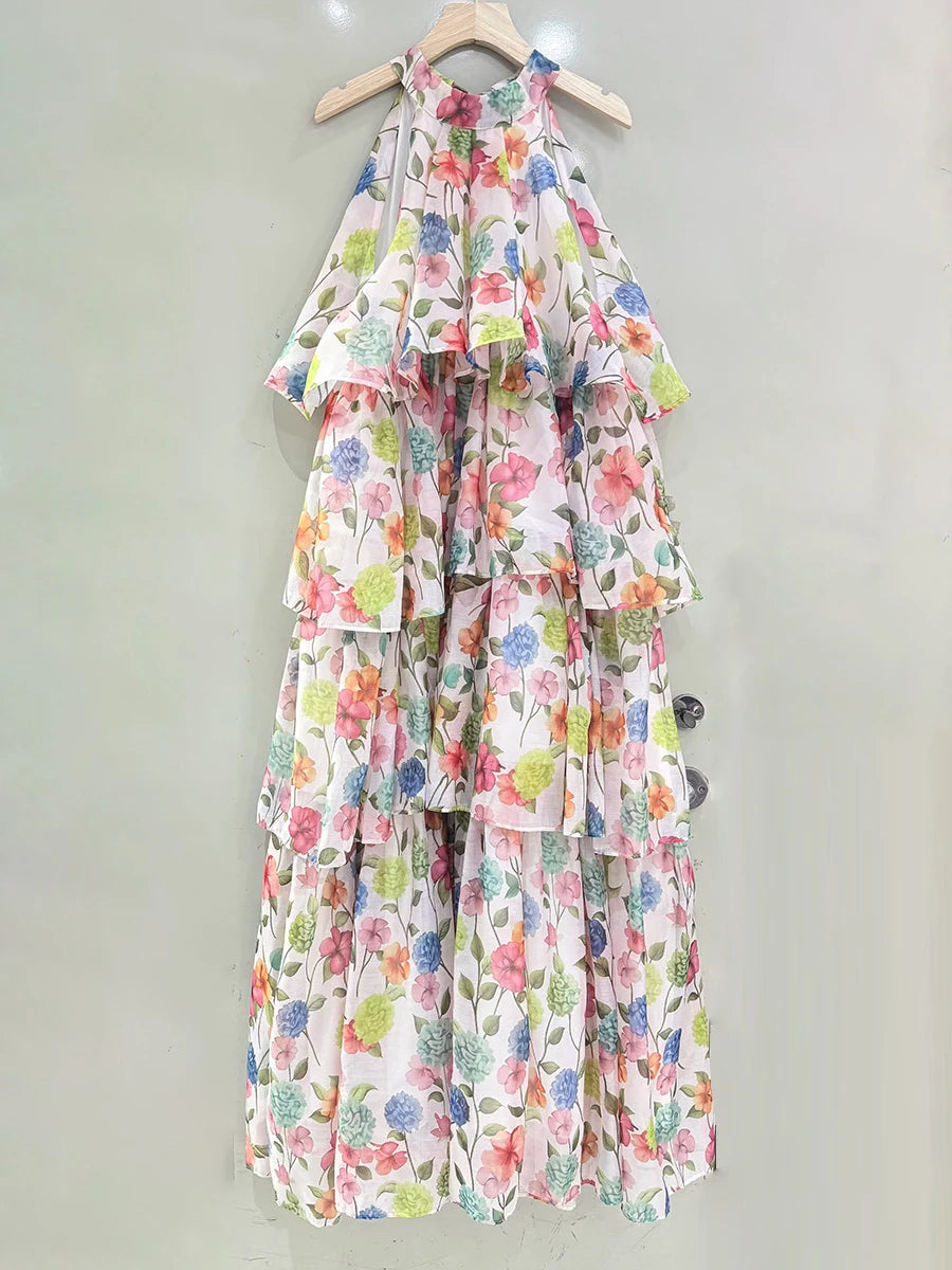 Printed Loose Spliced Ruffles Dresses