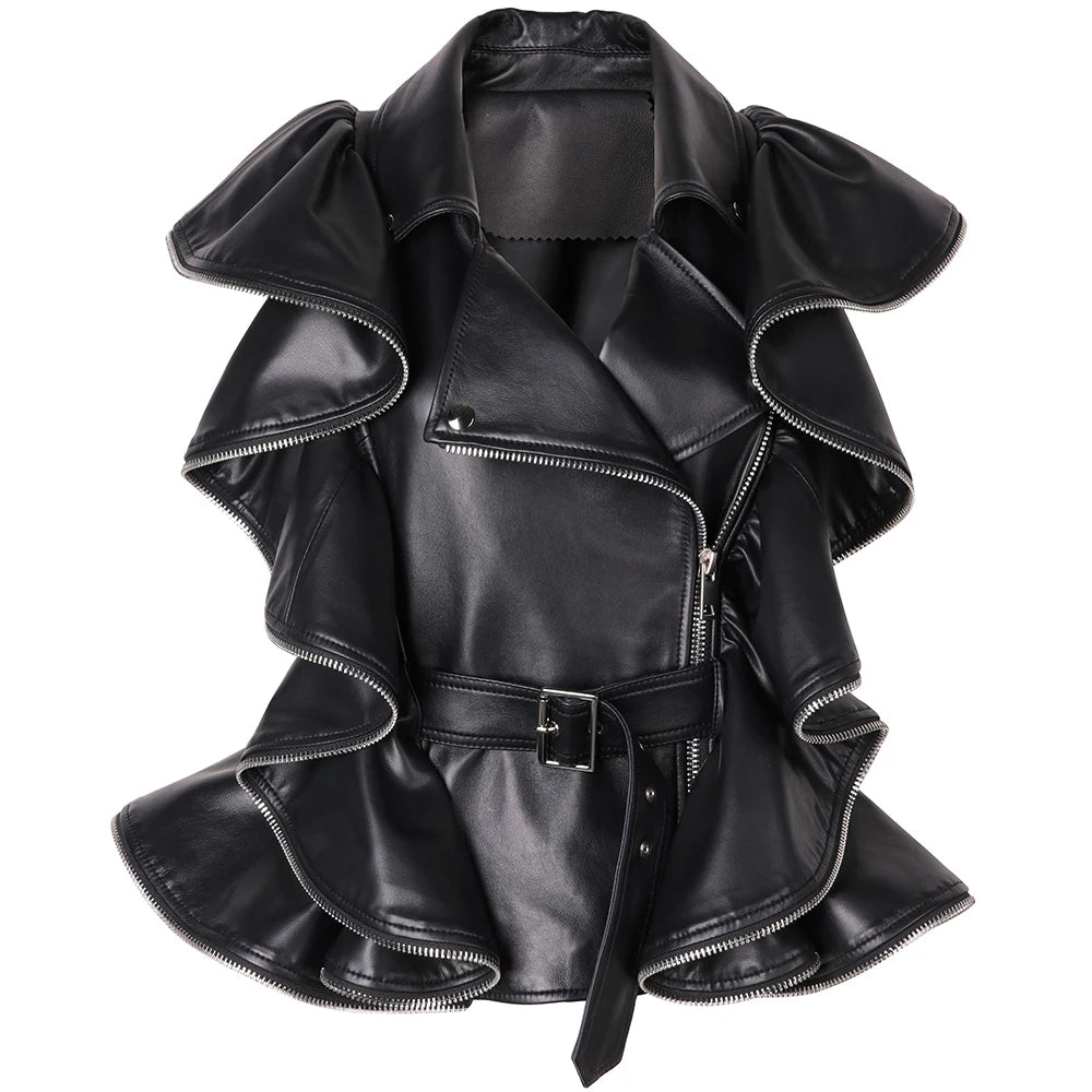 Ruffles Pleated Black Leather Vest