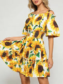 Sunflower Print Folds Dresses