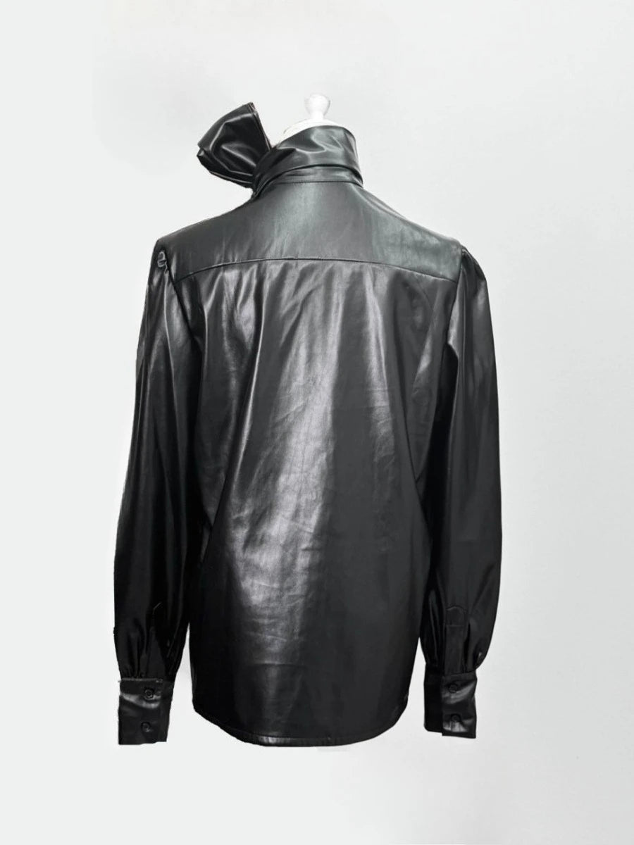 Spliced Bowknot Leather Shirts