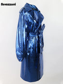 Long Blue Shiny Trench Coat