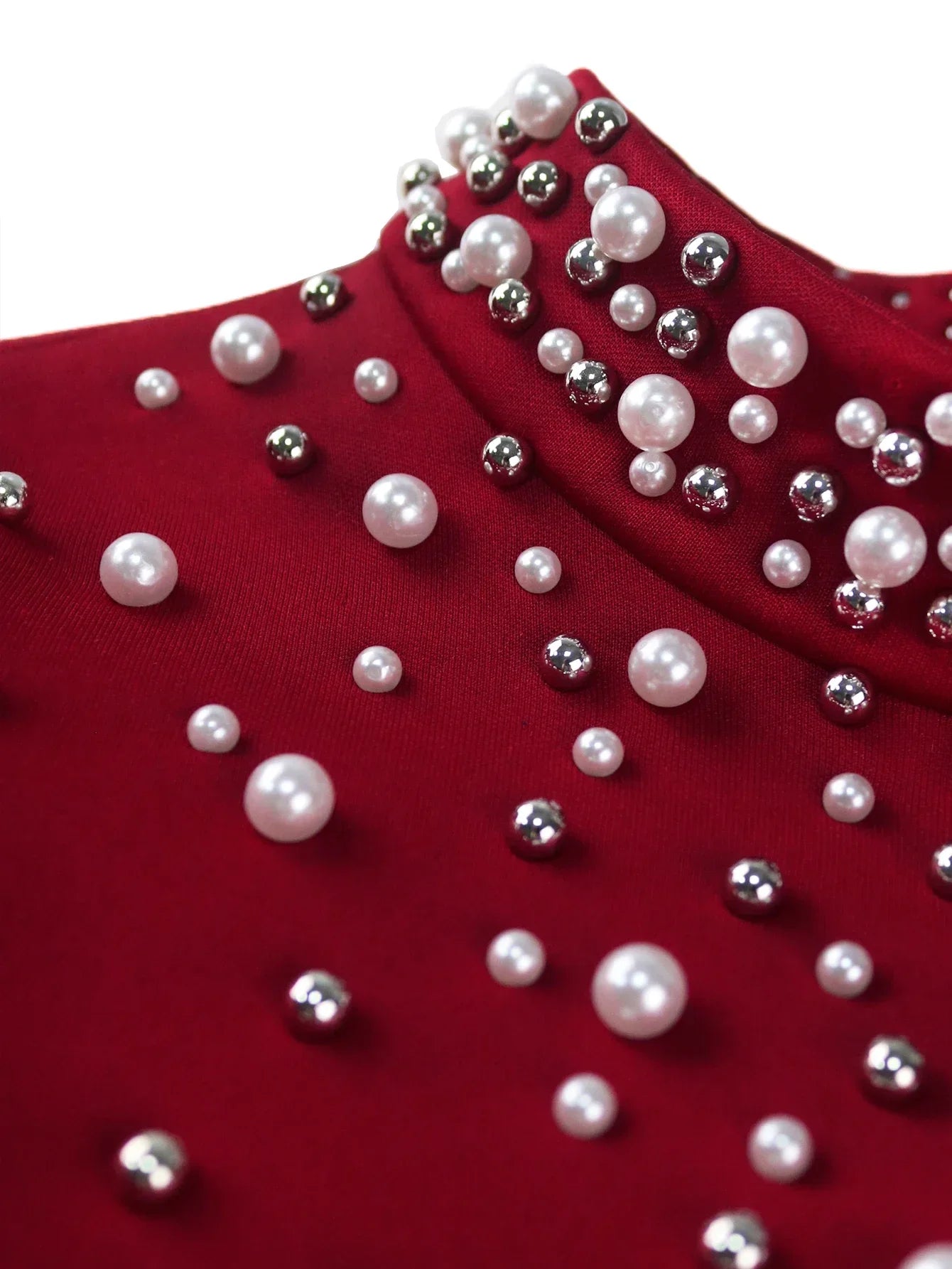 Wine Beading Mock Neck Dress