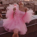 Pink Women Puff Sleeves Fluffy Dress