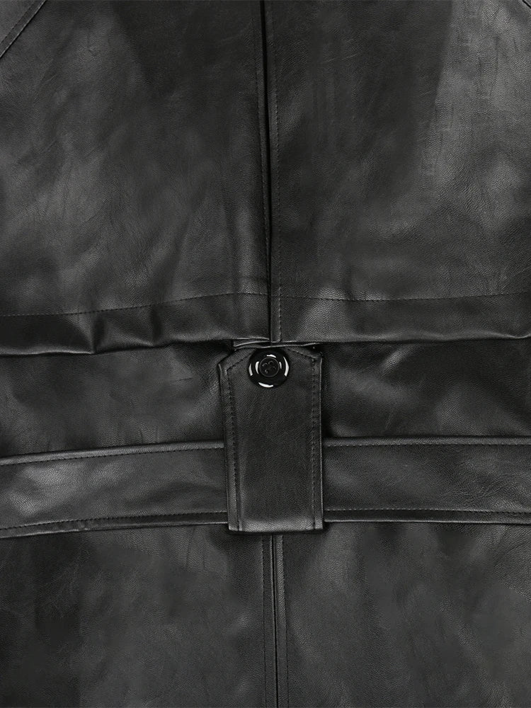 Long Oversized Black Leather Trench Coat