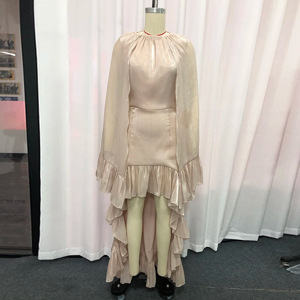 TWOTWINSTYLE Fashion Spliced Ruched Irregular Long Dress for Women Round Neck Sleeveless Tunic Patchwork Cloak Dresses Female