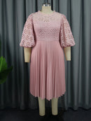 Pink Lace Dress Puff Sleeve Midi Pleated Dress