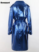 Long Blue Shiny Trench Coat