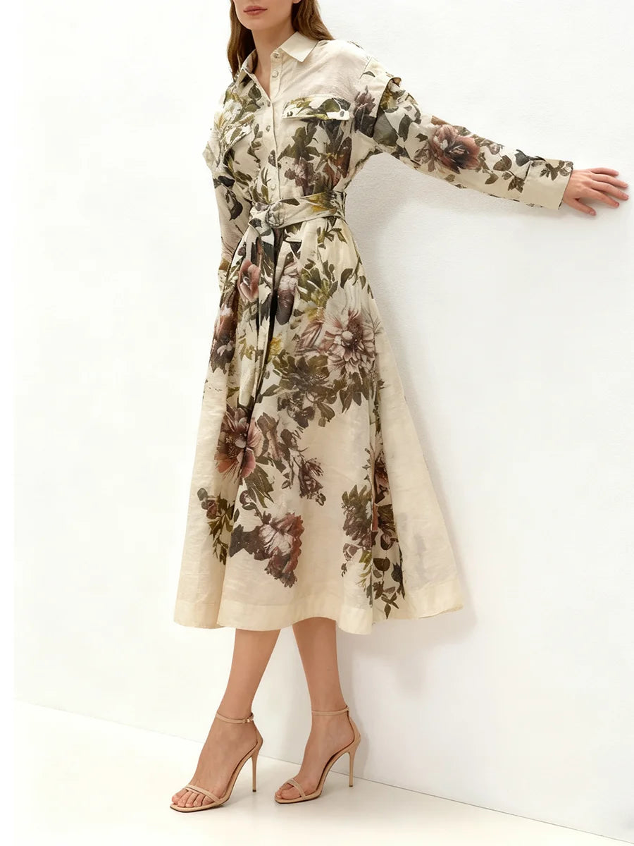 Hit Color Printing Spliced Lace Up Dresses