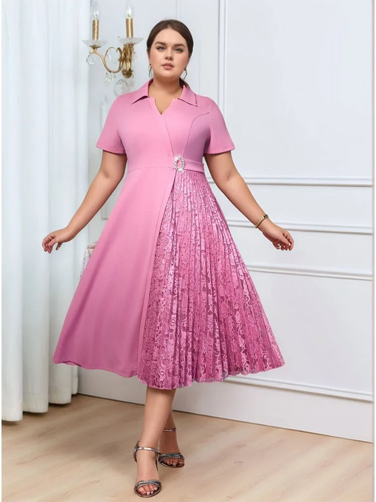 Plus Size Midi Dress Turn-Down Collar Dress