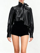 Spliced Bowknot Leather Shirts