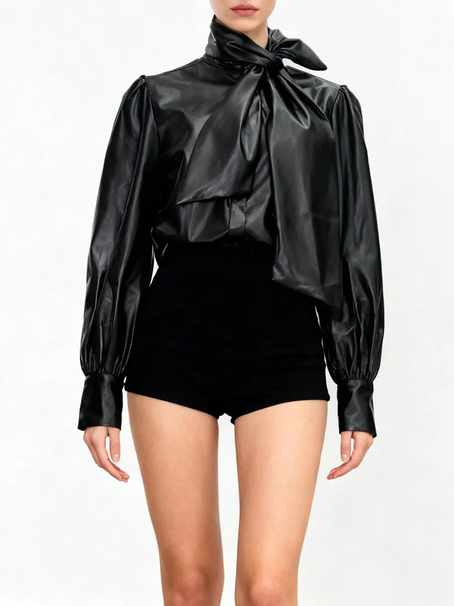 Spliced Bowknot Leather Shirts