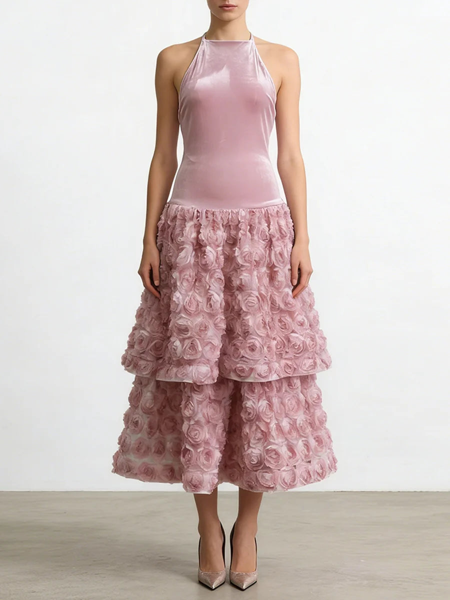 Pink Loose Spliced 3D Flower Chic Dresses