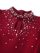 Wine Beading Mock Neck Dress