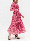 TWOTWINSTYLE Printing Spliced Bead Elegant Dresses for Women Round Neck Long Sleeves Patchwork Ruffles Folds Dress Female New