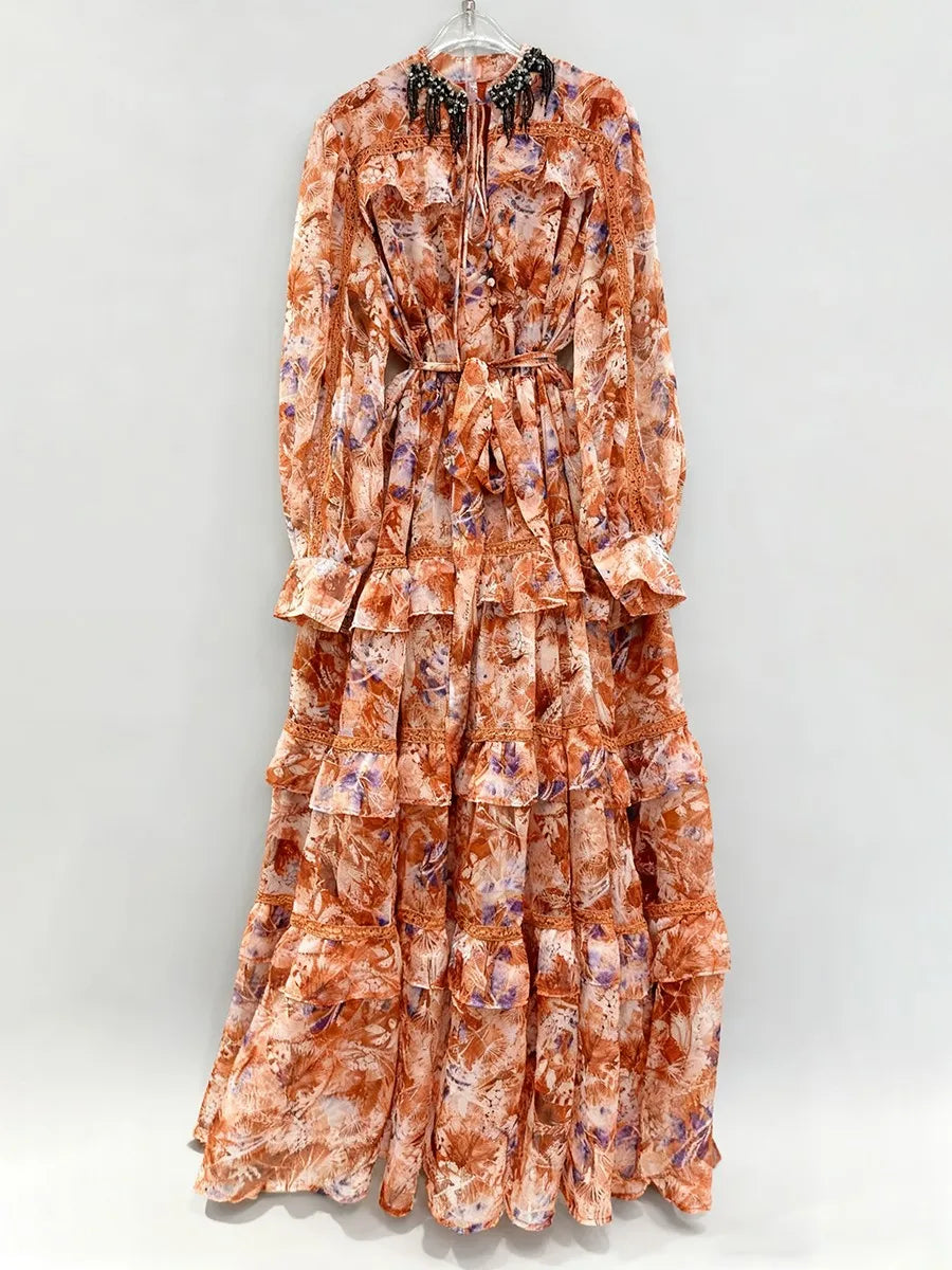 TWOTWINSTYLE Printing Spliced Bead Elegant Dresses for Women Round Neck Long Sleeves Patchwork Ruffles Folds Dress Female New