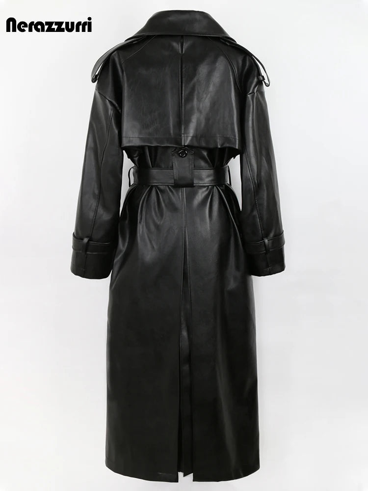 Long Oversized Black Leather Trench Coat