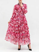 TWOTWINSTYLE Printing Spliced Bead Elegant Dresses for Women Round Neck Long Sleeves Patchwork Ruffles Folds Dress Female New