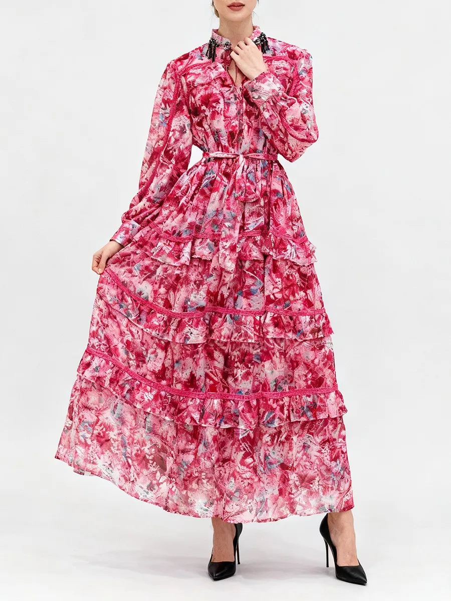 TWOTWINSTYLE Printing Spliced Bead Elegant Dresses for Women Round Neck Long Sleeves Patchwork Ruffles Folds Dress Female New