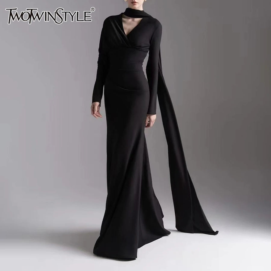 Plus Size Solid Slimming Spliced Ribbon Dress