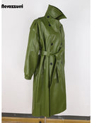 Long Green Hard Leather Trench Coat